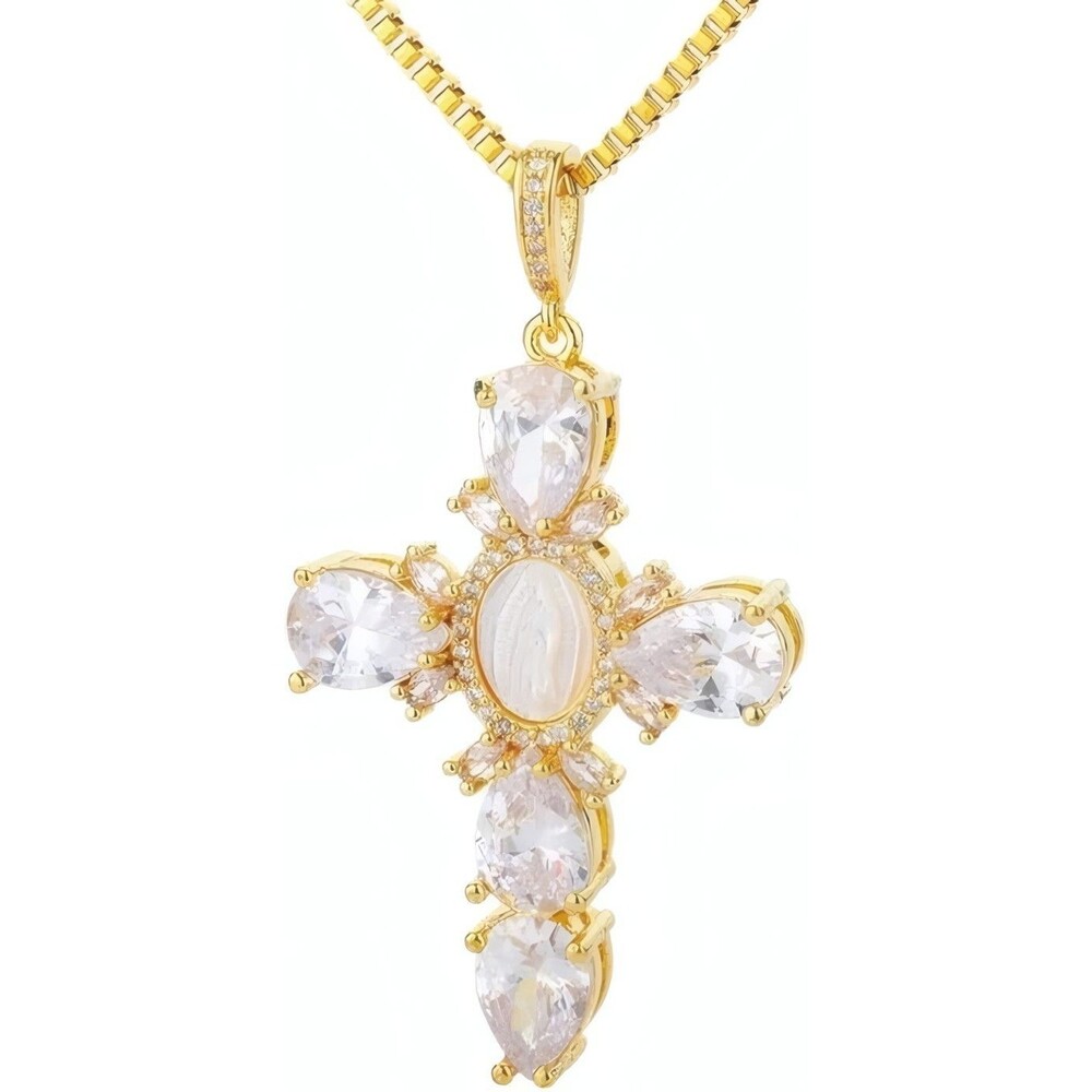 Gold Tone Virgin Mary Cross Cubic Zirconia Pendant Necklace 17.5 Inch Women